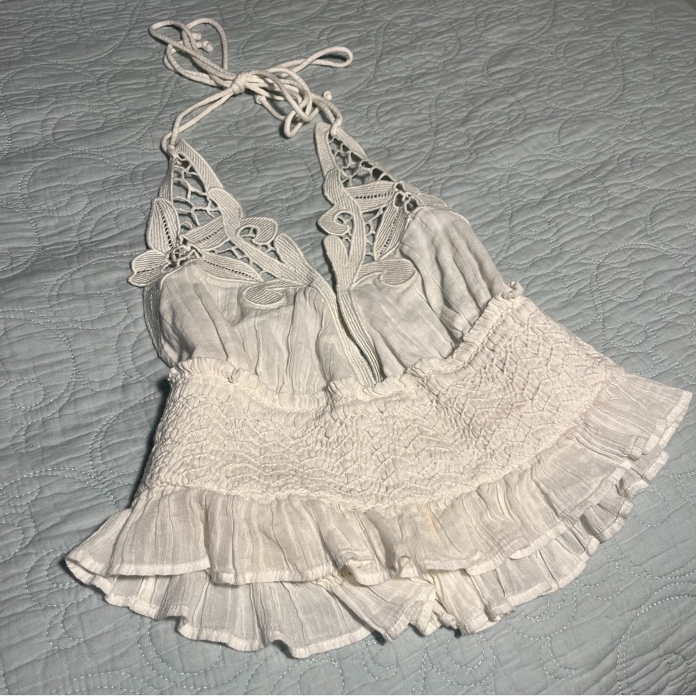 Free People Cream Cotton Lace Halter Camisole